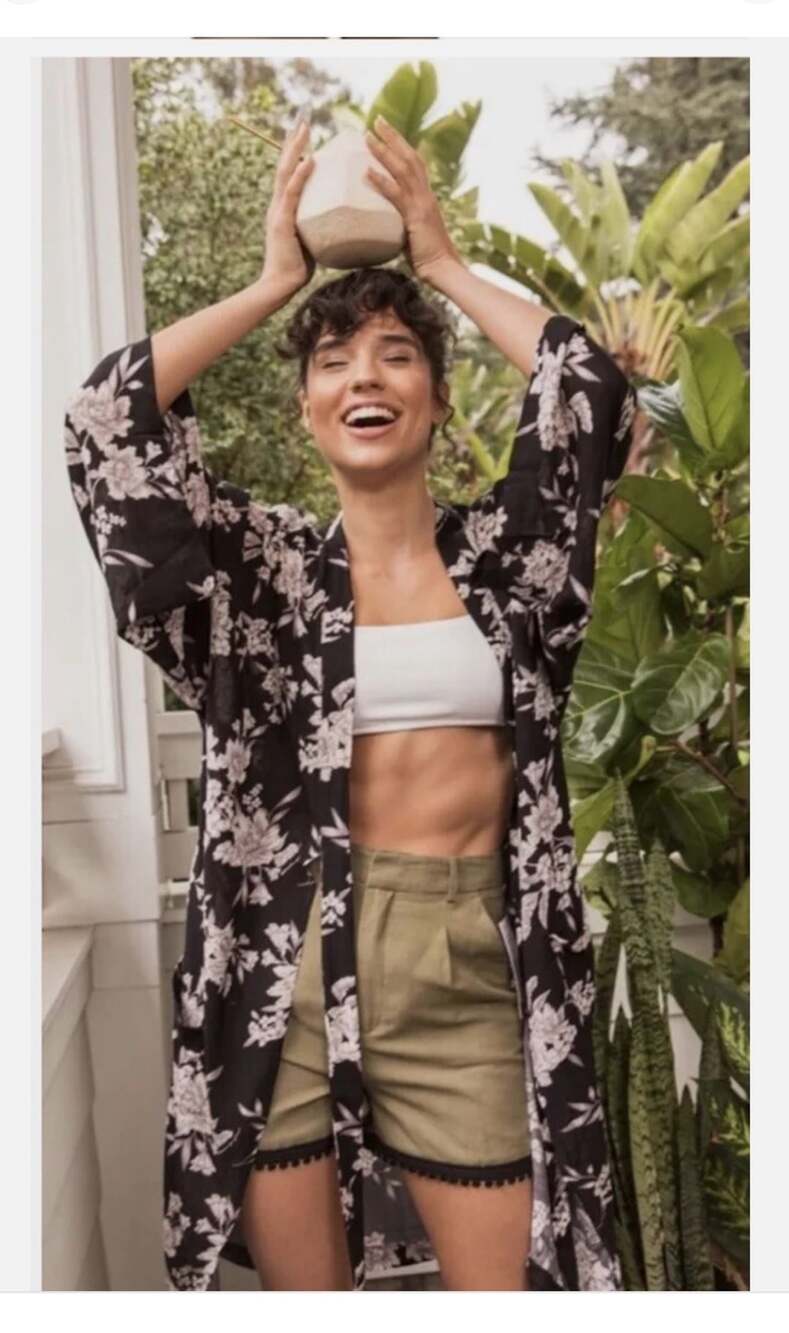 Spiritual Gangster Maya Floral Kimono Size OS Black White Tie Waist